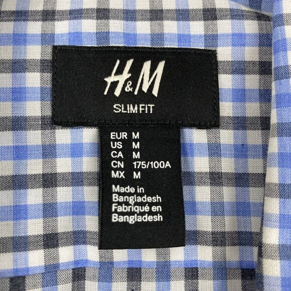 H&M Slim Fit Men Medium Button Down Black Blue White Checkered Long Sleeve Shirt - Picture 3 of 9